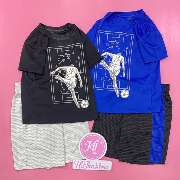  (10/11y) Bộ ngắn thể thao xám đá bóng quần đen viền xám bé trai 