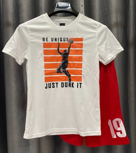  (12/13y) Bộ ngắn thể thao áo trắng quần đỏ bé trai 