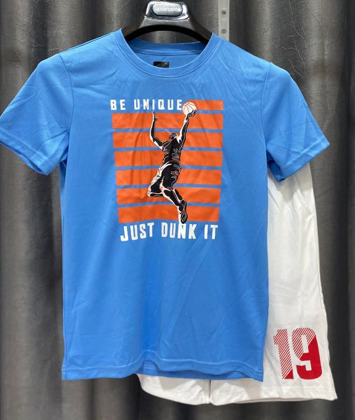  (12/13y) Bộ ngắn thể thao xanh quần trắng bé trai 