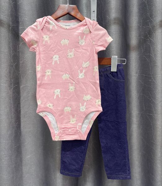  (10-11kg) Set 2 bodysuit và quần hồng thỏ bé gái 