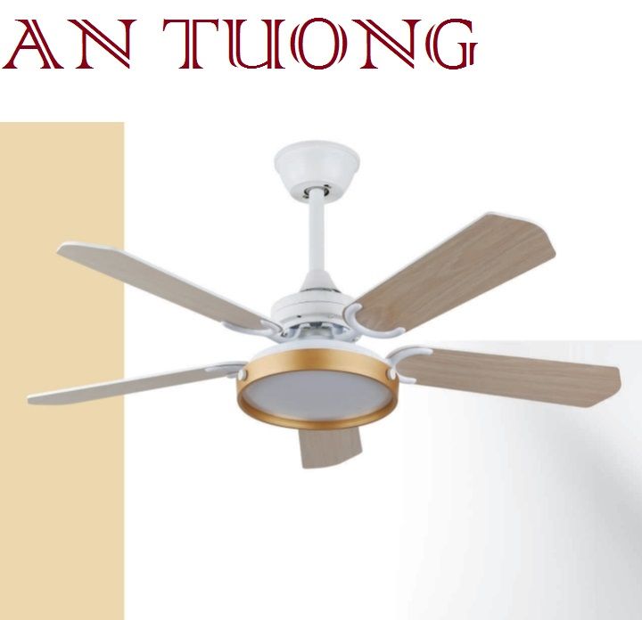 quạt trần đèn cánh gỗ 5 cánh màu trắng phong cách hiện đại ánh sáng 3 chế độ, 3 màu