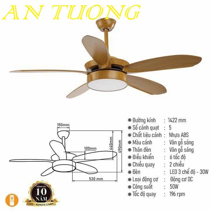quạt trần đèn 5 cánh trang trí phòng khách, phòng ngủ, phòng bếp, căn hộ chung cư 022