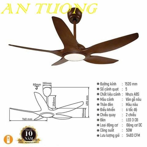  quạt trần đèn 5 cánh trang trí phòng khách, phòng ngủ, phòng bếp, căn hộ chung cư 028 