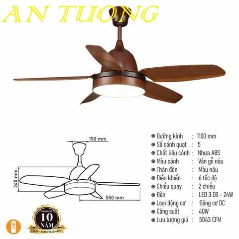  quạt trần đèn 5 cánh trang trí phòng khách, phòng ngủ, phòng bếp, căn hộ chung cư 030 