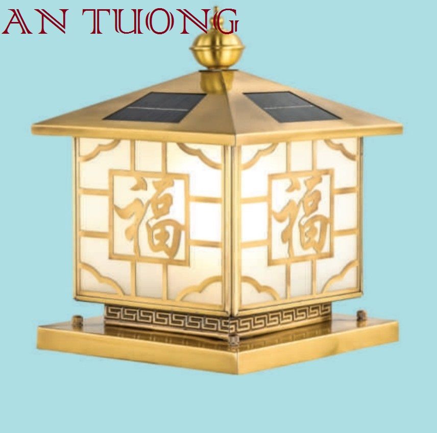 đèn trụ cổng đồng năng lượng mặt trời trang trí nhà phố cổ điển, biệt thự cổ điển, tân cổ điển kích thước 250x250mm - 25x25cm 03