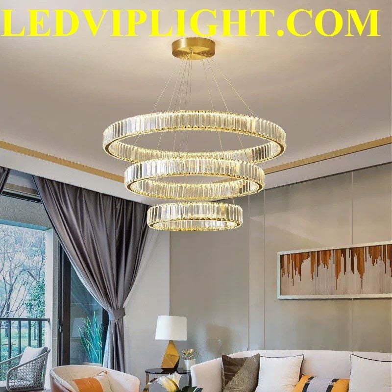 ĐÈN CHÙM PHA LÊ LED - ĐÈN CHÙM 3 VÒNG PHA LÊ LED TRANG TRÍ PHÒNG KHÁCH ĐẸP, HIỆN ĐẠI, SANG TRỌNG 03