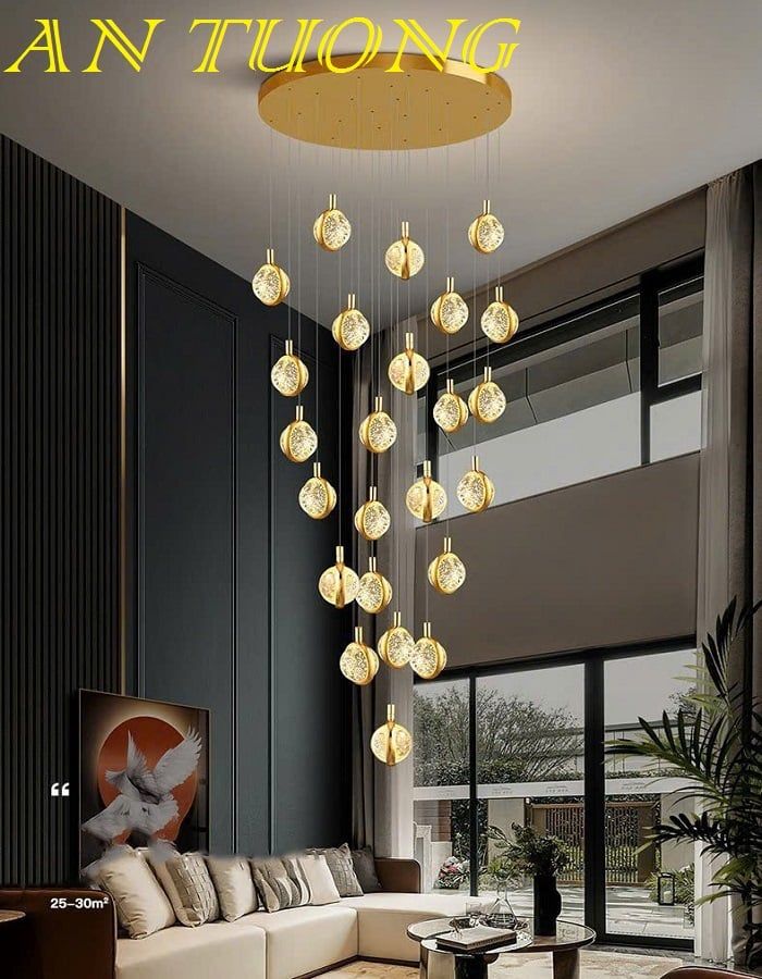 đèn chùm thông tầng treo thả trần trang trí phòng khách thông tầng cầu thang đẹp, hiện đại 014