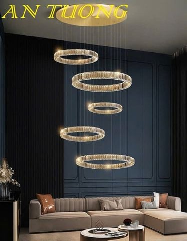  đèn thả trần cao trang trí phòng khách thông tầng đẹp hiện đại 5 vòng pha lê led loại 1 ánh sáng 3 chế độ 