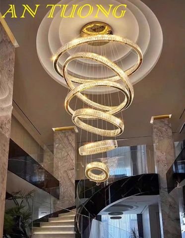  đèn thả trần cao trang trí phòng khách thông tầng đẹp hiện đại 6 vòng pha lê led loại 1 ánh sáng 3 chế độ 