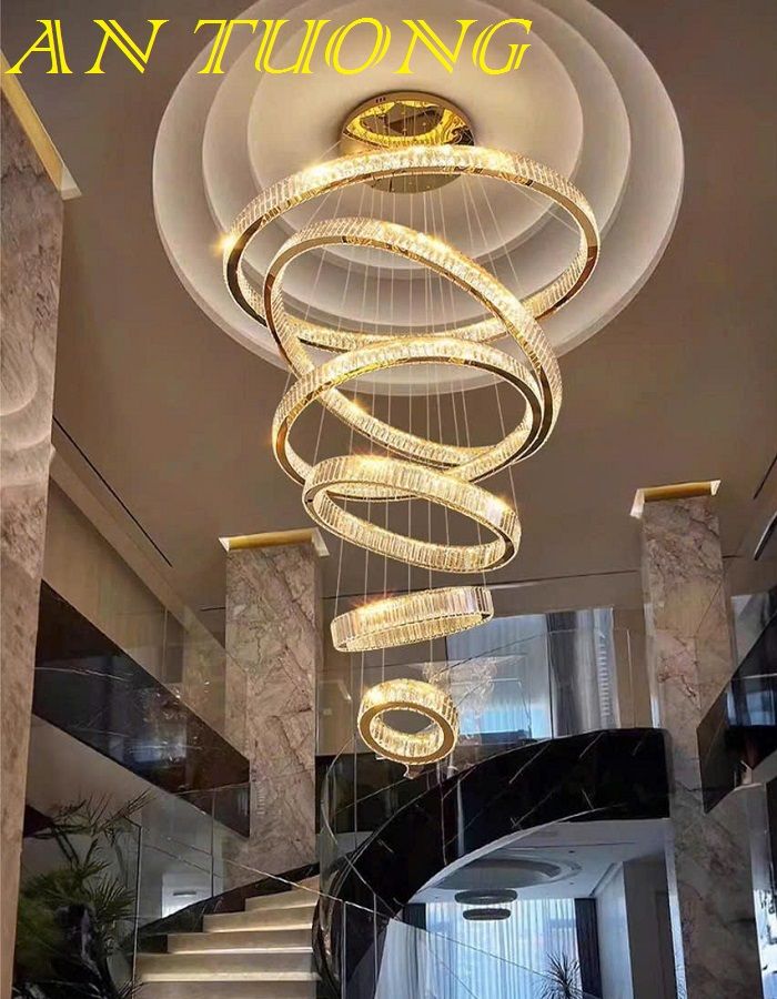 đèn thả trần cao trang trí phòng khách thông tầng đẹp hiện đại 6 vòng pha lê led loại 1 ánh sáng 3 chế độ