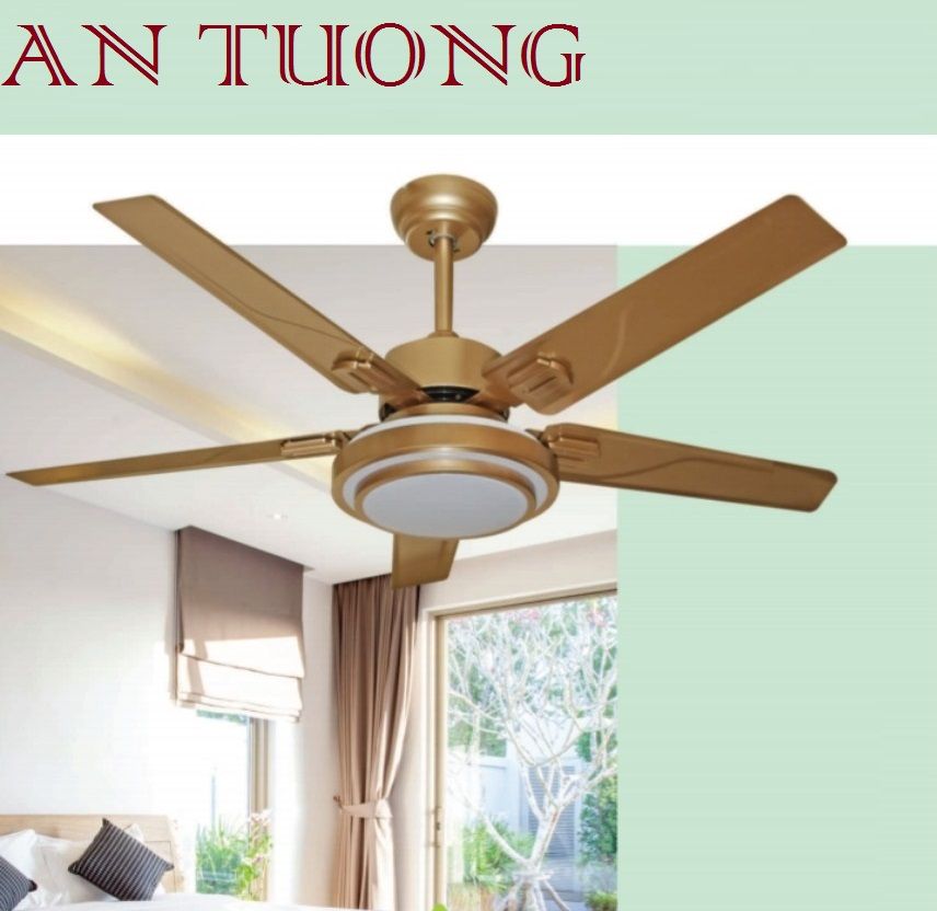 quạt trần cánh kim loại màu vàng đồng 5 cánh- ánh sáng đèn 3 chế độ, 3 màu 01