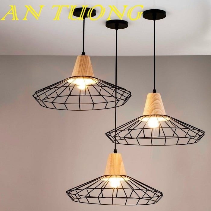 đèn treo thả trần khung sắt màu đen đuôi gỗ trang trí quầy bar, bàn ăn đảo bếp đẹp, hiện đại 06