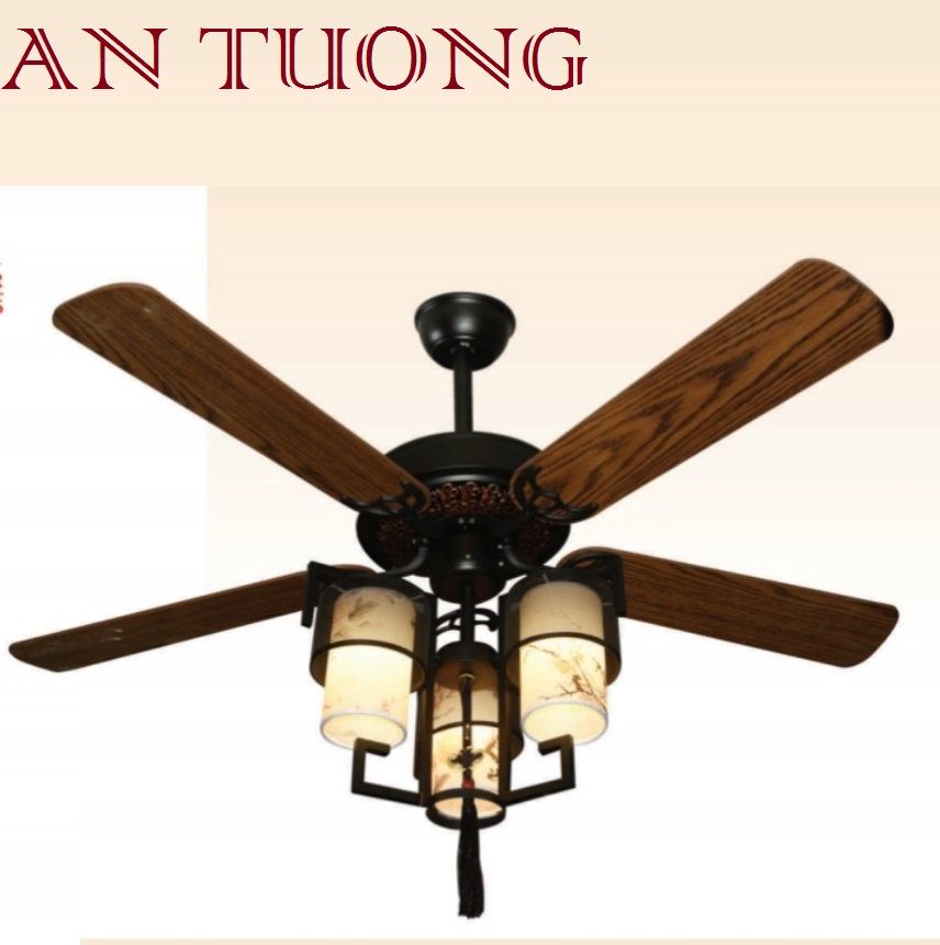 quạt trần đèn cánh gỗ 5 cánh phong cách cổ, cổ điển, cổ xưa 01 indochine