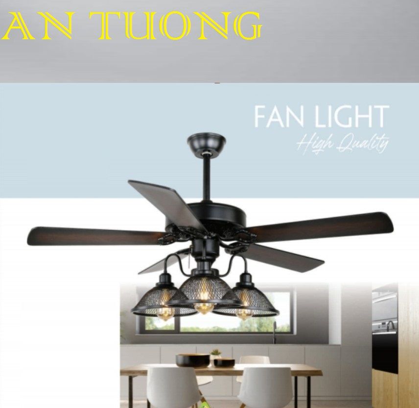 quạt trần đèn cánh gỗ 5 cánh phong cách cổ, cổ điển, cổ xưa 02 indochine