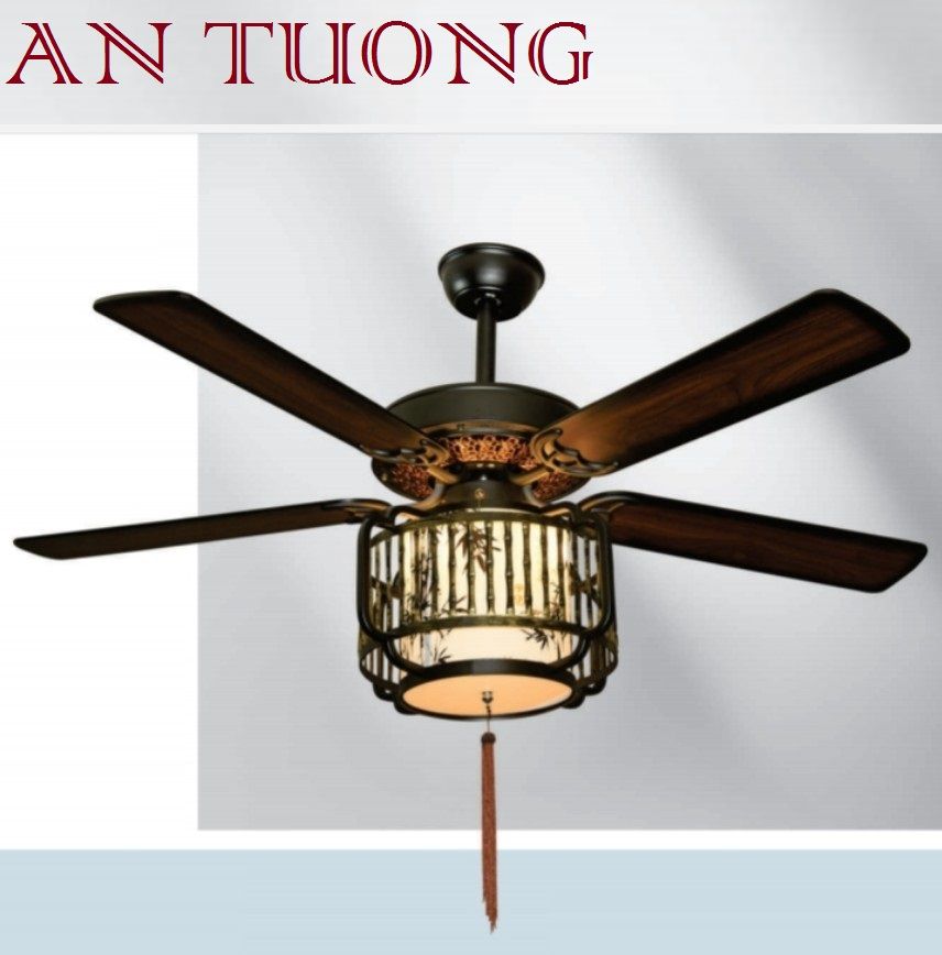 quạt trần đèn cánh gỗ 5 cánh phong cách cổ, cổ điển, cổ xưa 04 indochine