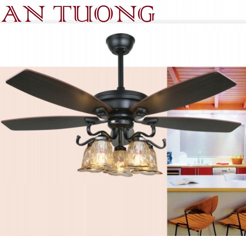 quạt trần đèn cánh gỗ 5 cánh phong cách cổ, cổ điển, cổ xưa 05 indochine