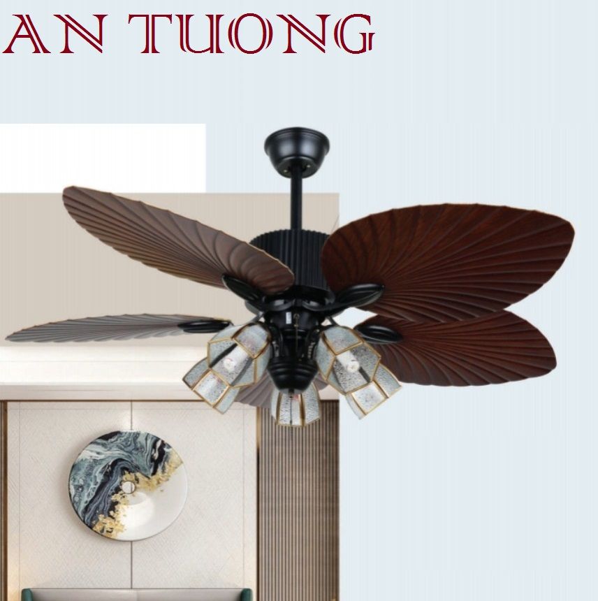 quạt trần đèn cánh gỗ 5 cánh phong cách cổ, cổ điển, cổ xưa 06 indochine