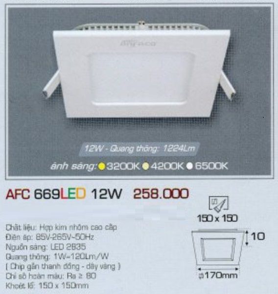 ĐÈN LED DOWNLIGHT ÂM TRẦN VUÔNG ANFACO 12W AFC669 / AFC 669