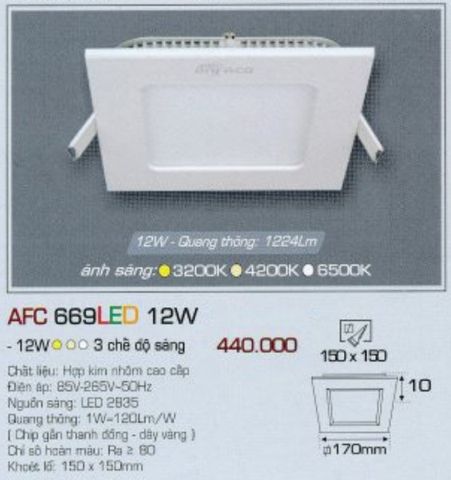  ĐÈN LED DOWNLIGHT ÂM TRẦN VUÔNG ĐỔI MÀU ANFACO 12W AFC669 / AFC 669 