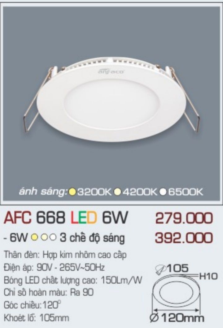 Đèn led âm trần anfaco 6w afc 668 led 6w / afc668 led 6w