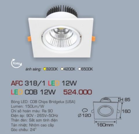  Đèn led âm trần anfaco afc 3181 led 12w 