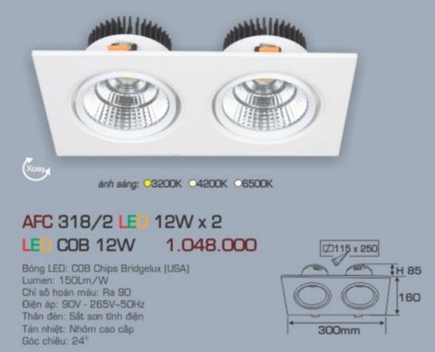  Đèn led âm trần anfaco afc 3182 led 12w x 2 