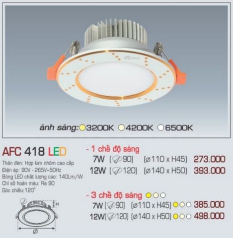  Đèn led âm trần anfaco afc 418 led 7w 12w 