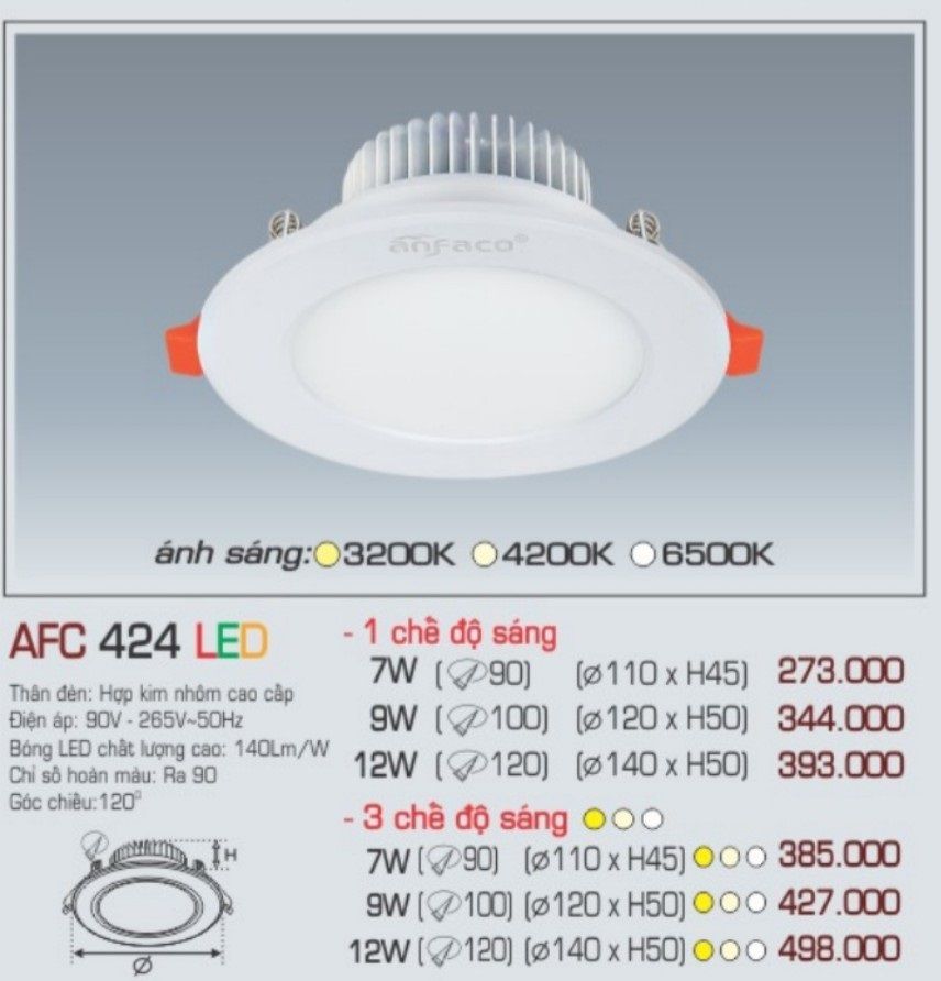Đèn led âm trần anfaco afc 424 led 7w 9w 12w