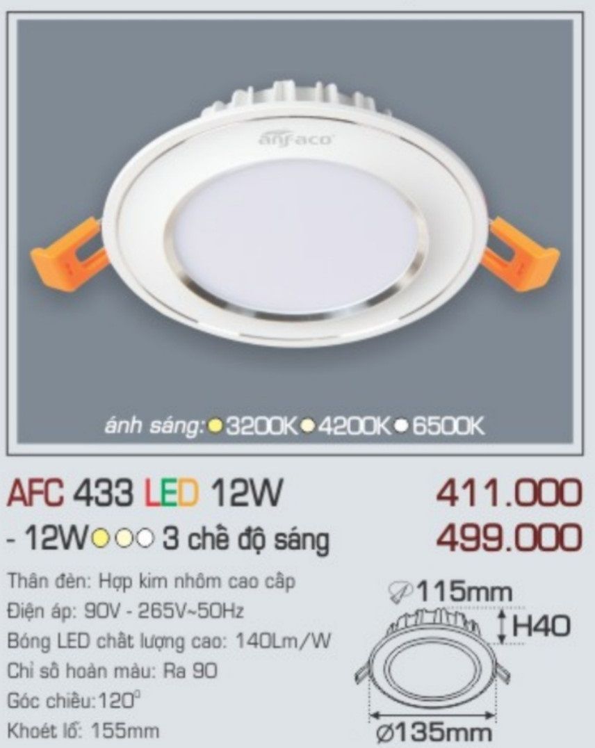 Đèn led âm trần anfaco afc 433 led 12w