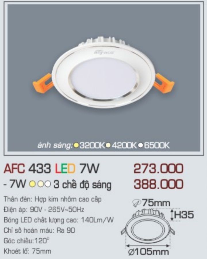 Đèn led âm trần anfaco afc 433 led 7w