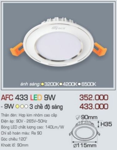  Đèn led âm trần anfaco afc 433 led 9w 