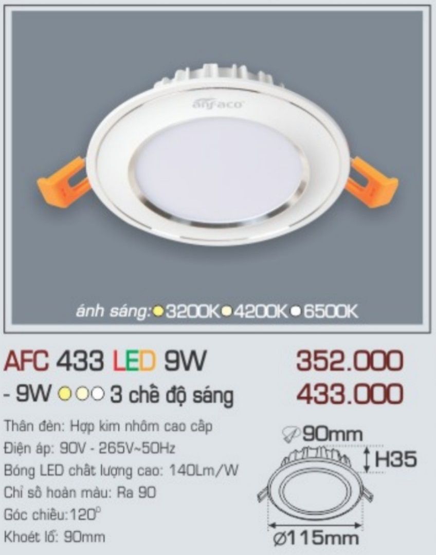 Đèn led âm trần anfaco afc 433 led 9w