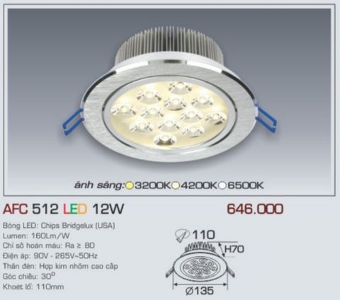  Đèn led âm trần anfaco afc 512 led 12w 