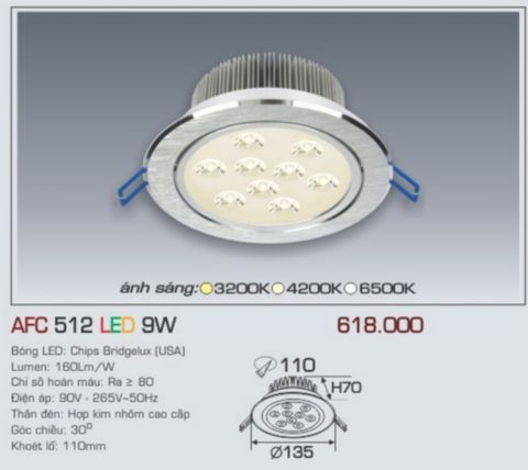  Đèn led âm trần anfaco afc 512 led 9w 