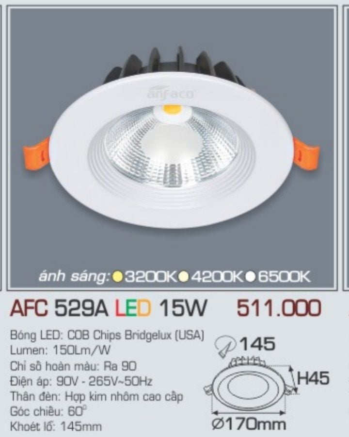 Đèn led âm trần anfaco afc 529a led 15w