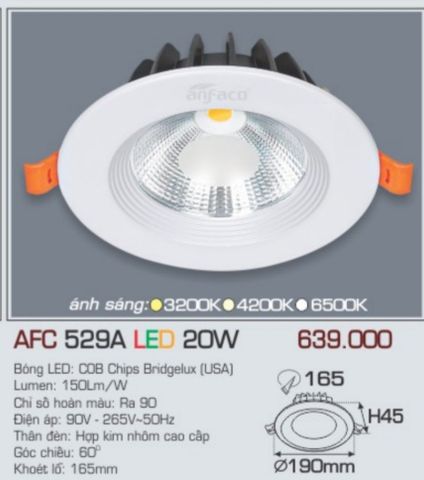  Đèn led âm trần anfaco afc 529a led 20w 