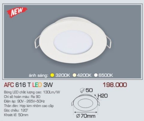  Đèn led âm trần anfaco afc 616t led 3w 