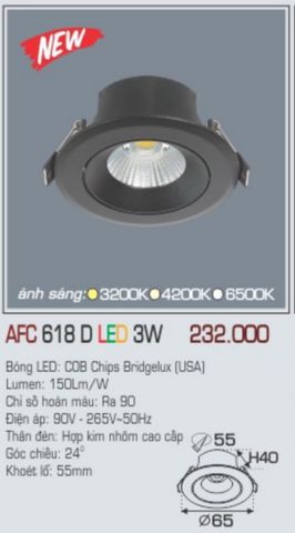  Đèn led âm trần anfaco afc 618d led 3w 