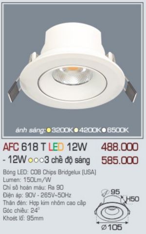  Đèn led âm trần anfaco afc 618t led 12w 