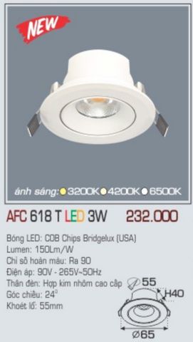  Đèn led âm trần anfaco afc 618t led 3w 