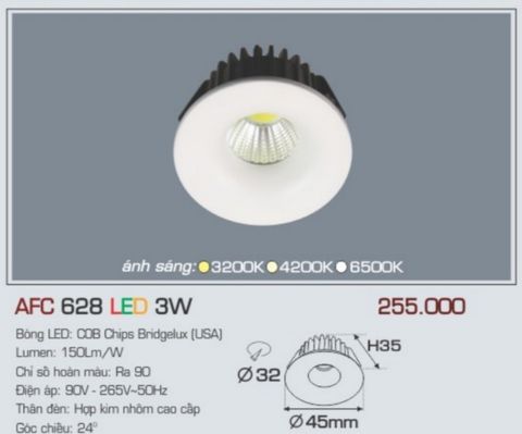  Đèn led âm trần anfaco afc 628 led 3w 