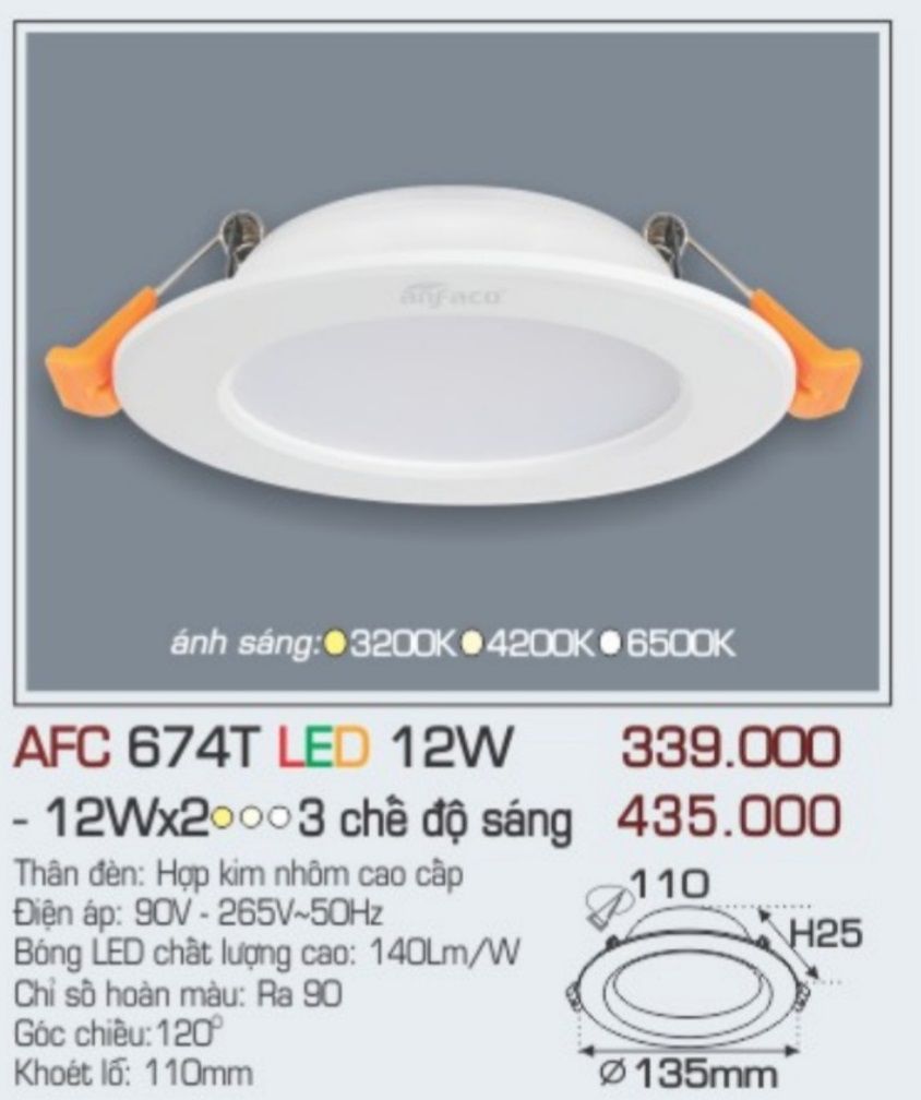 Đèn led âm trần anfaco afc 674t led 12w