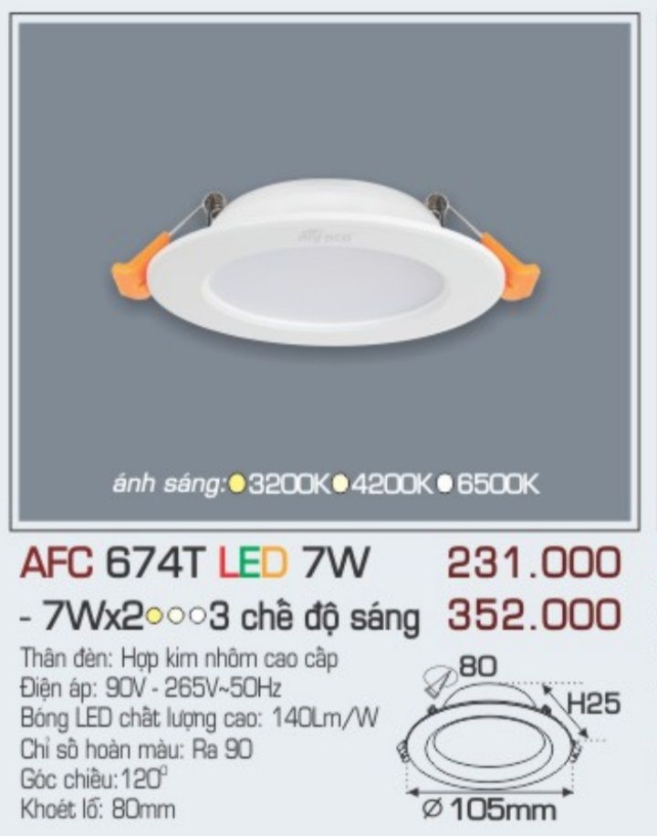 Đèn led âm trần anfaco afc 674t led 7w