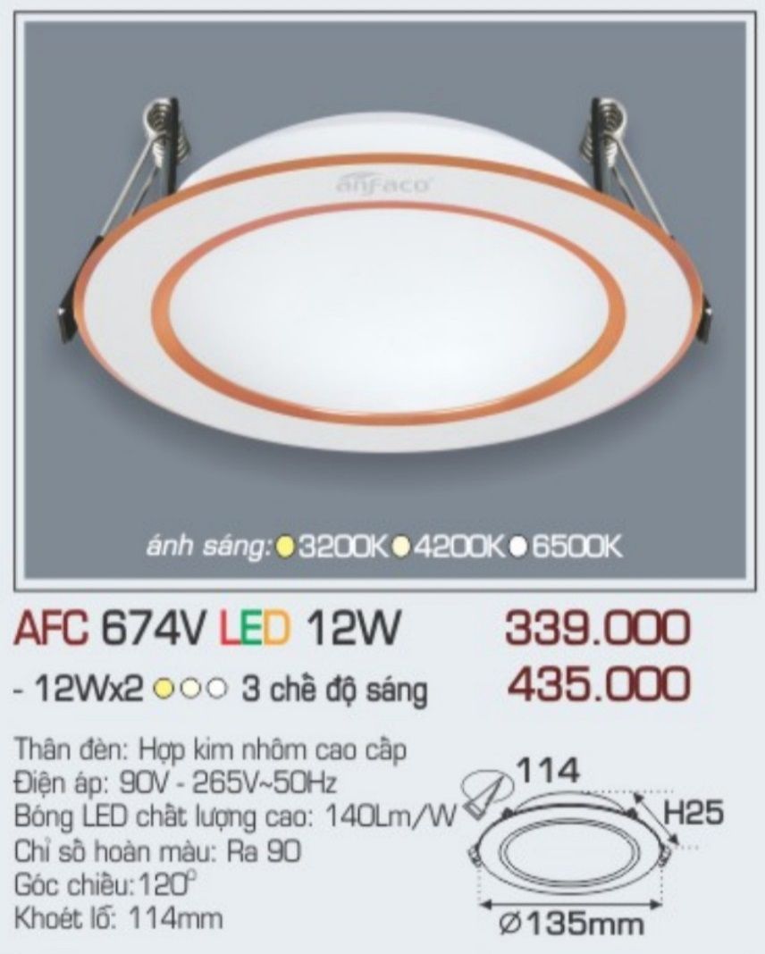 Đèn led âm trần anfaco afc 674v led 12w