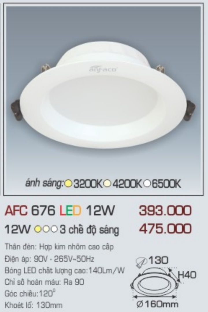 Đèn led âm trần anfaco afc 676 led 12w