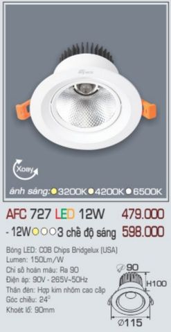  Đèn led âm trần anfaco afc 727 led 12w 