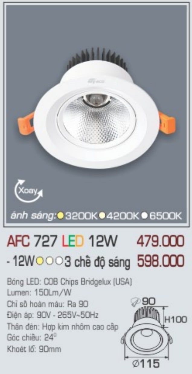 Đèn led âm trần anfaco afc 727 led 12w