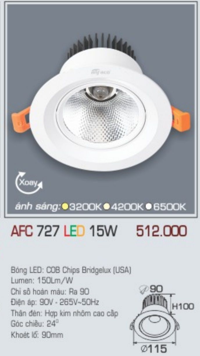 Đèn led âm trần anfaco afc 727 led 15w