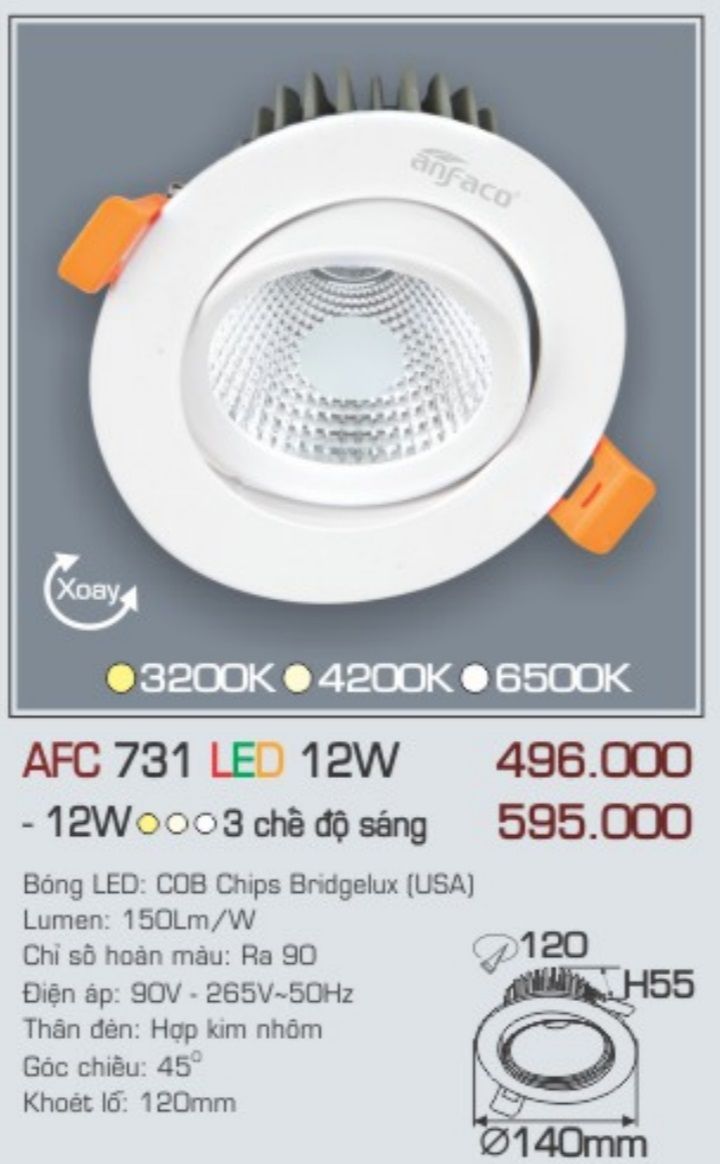 Đèn led âm trần anfaco afc 731 led 12w