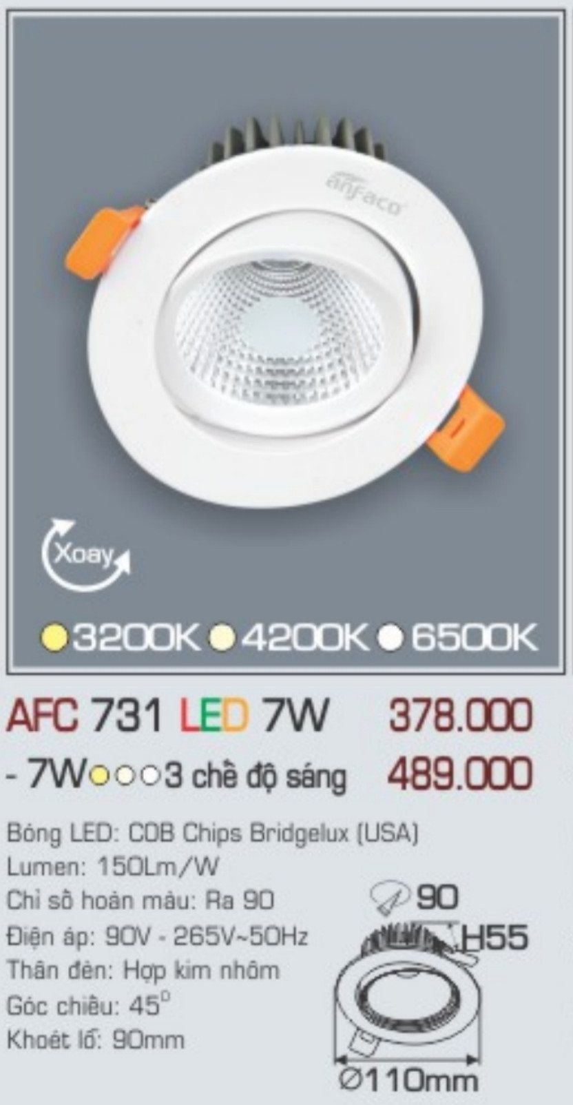 Đèn led âm trần anfaco afc 731 led 7w